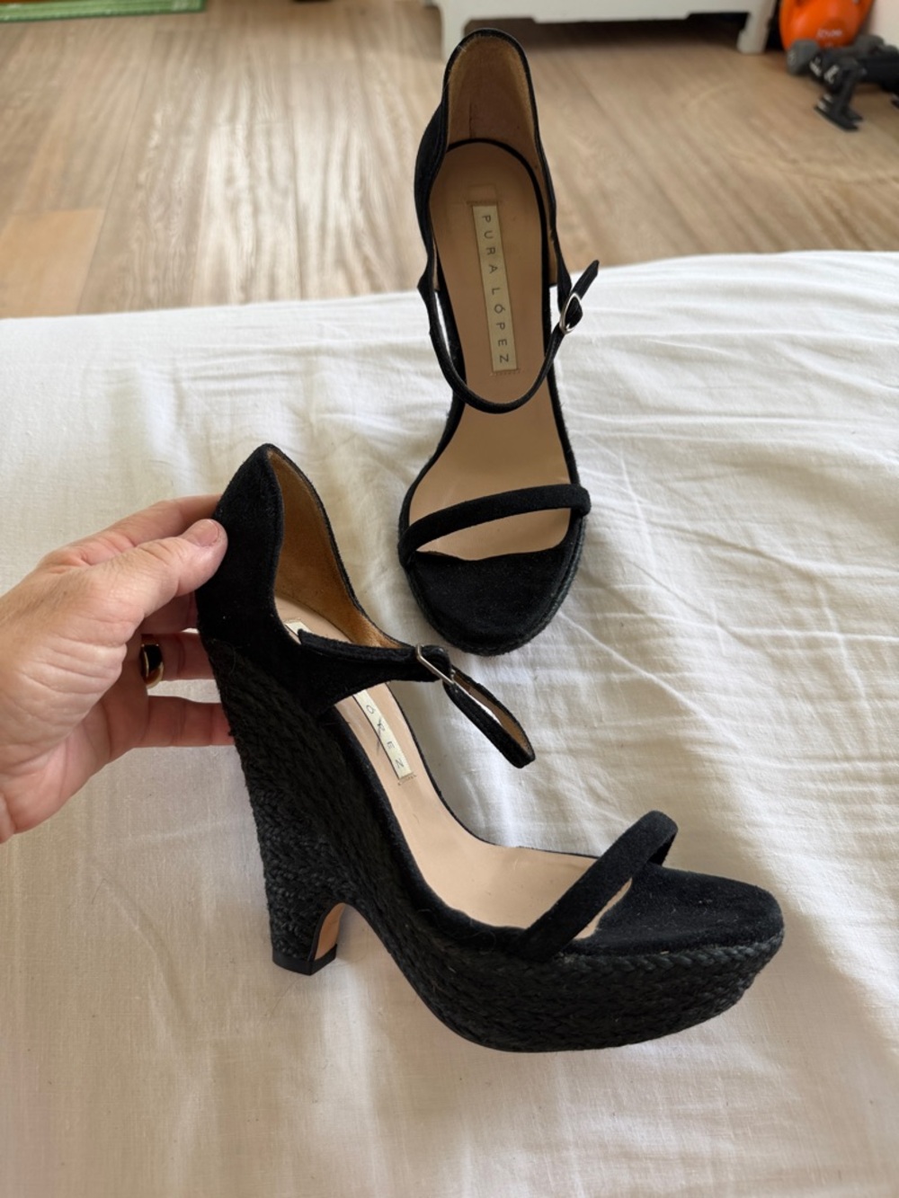 Free People Pura López Black Suede Espadrilles Wedge Fit 7 &7.5 narrow LOVe - Picture 7 of 9